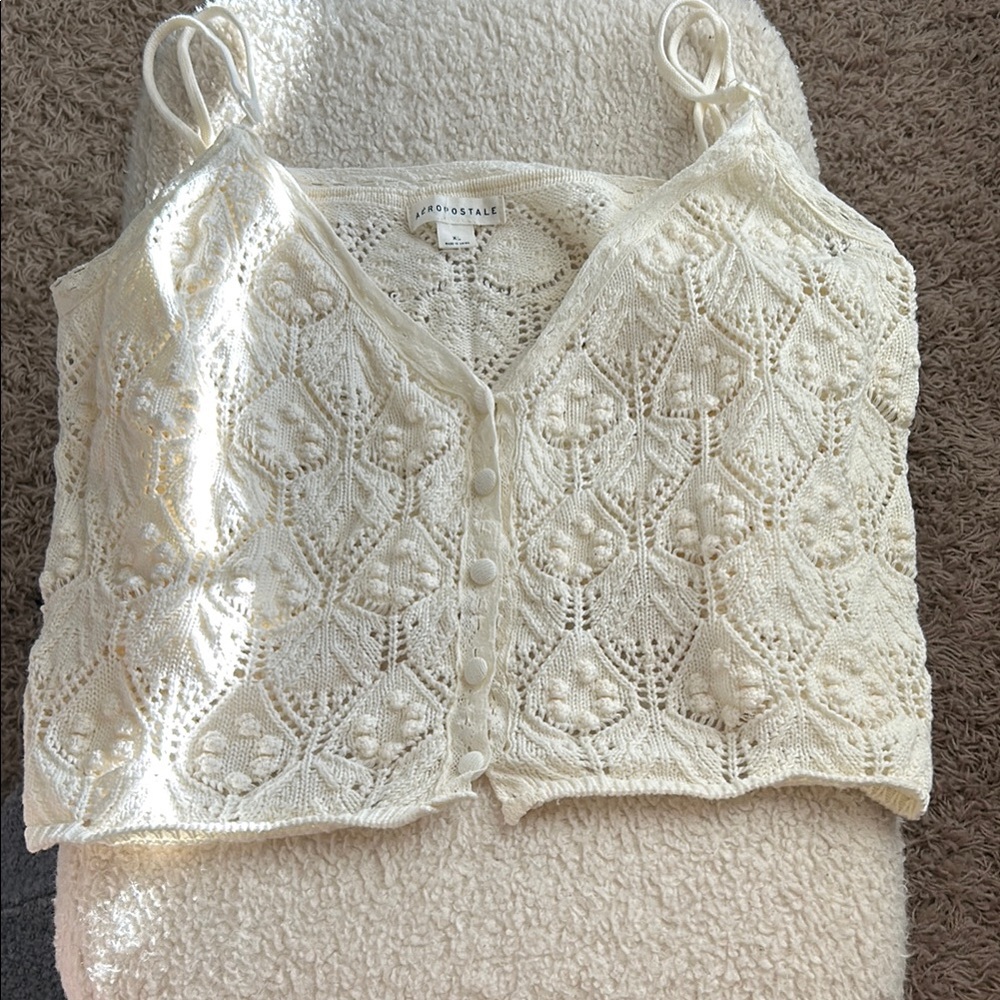 Aeropostale Cream Crochet Button-Up Tank Top